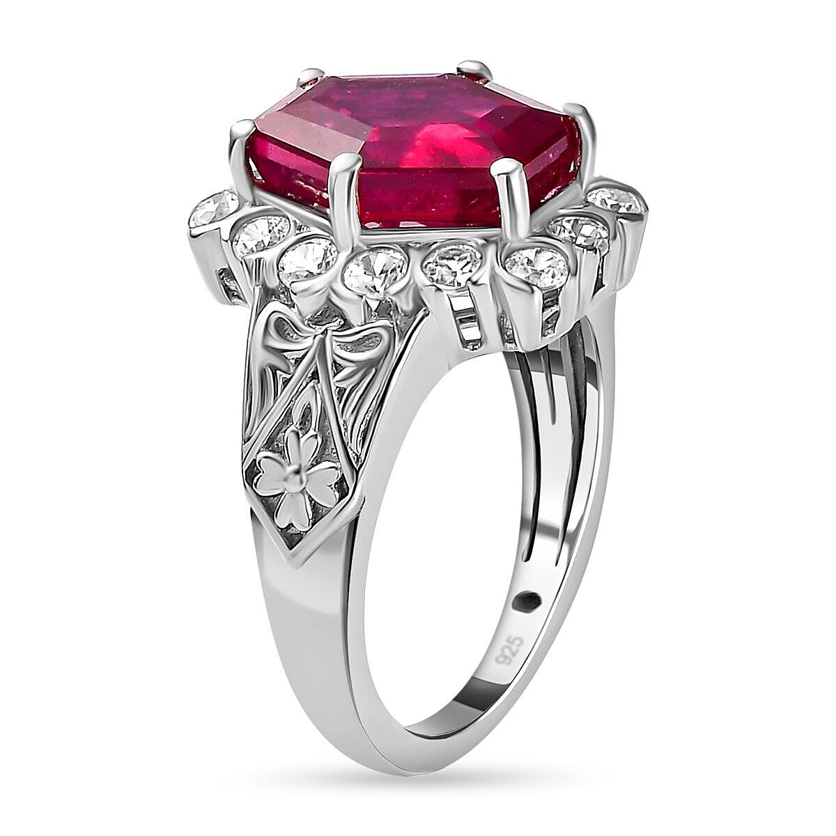 African Ruby and Natural Zircon Halo Ring in Platinum Overlay Sterling Silver 6.16 Ct. 7263106 7