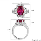 African Ruby and Natural Zircon Halo Ring in Platinum Overlay Sterling Silver 6.16 Ct.
