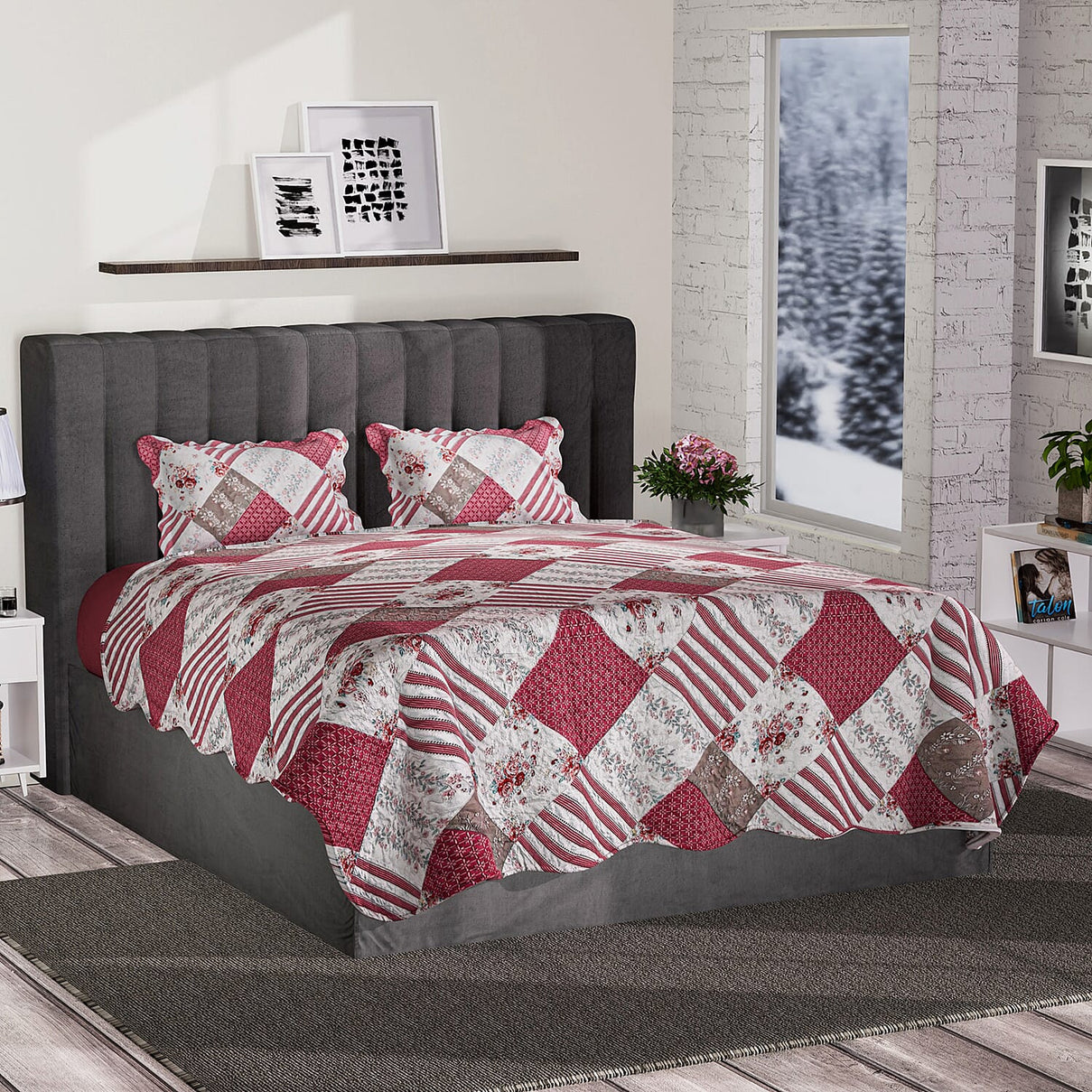 Monster Deal - Microfiber Quilt Set of 3 - Patchwork Printed Quilt (Size 200x200 Cm) and 2 Pillow Covers (Size 70x50 Cm) - Red 8892306 0