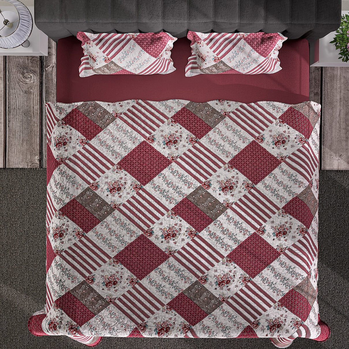 Monster Deal - Microfiber Quilt Set of 3 - Patchwork Printed Quilt (Size 200x200 Cm) and 2 Pillow Covers (Size 70x50 Cm) - Red 8892306 4