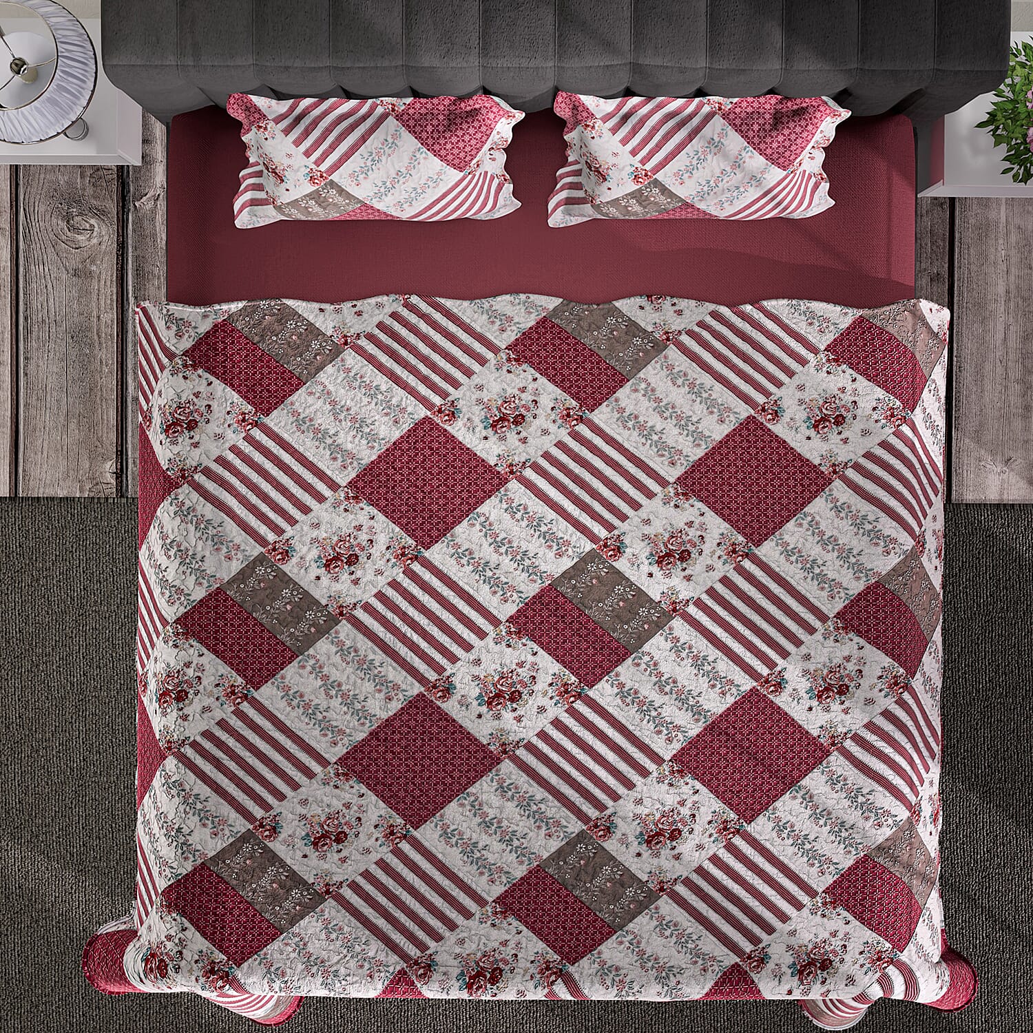 Monster Deal - Microfiber Quilt Set of 3 - Patchwork Printed Quilt (Size 200x200 Cm) and 2 Pillow Covers (Size 70x50 Cm) - Red 8892306 4