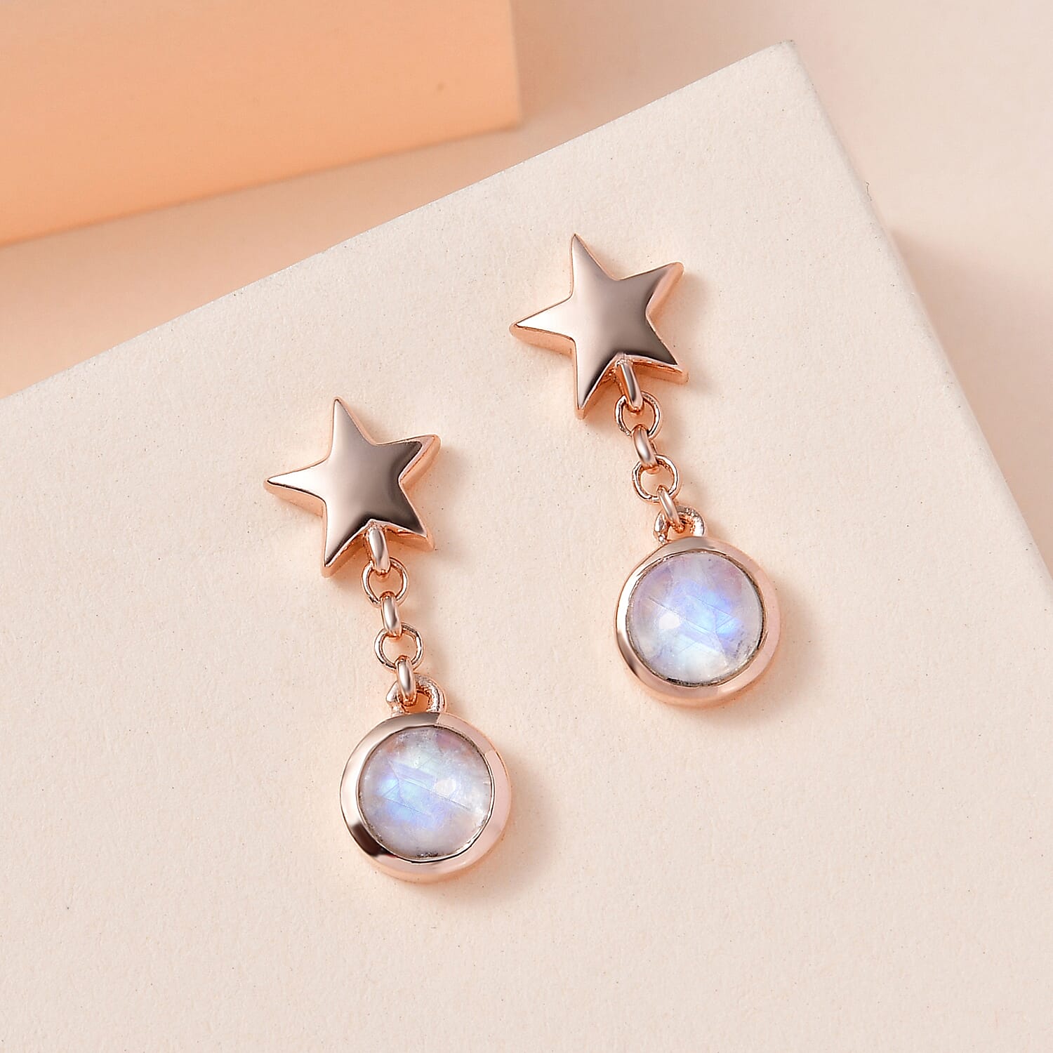 Premium Rainbow Moonstone Dangle Earrings in 18K Rose Gold Vermeil Plated Sterling Silver 1.31 Ct. 7533092 1