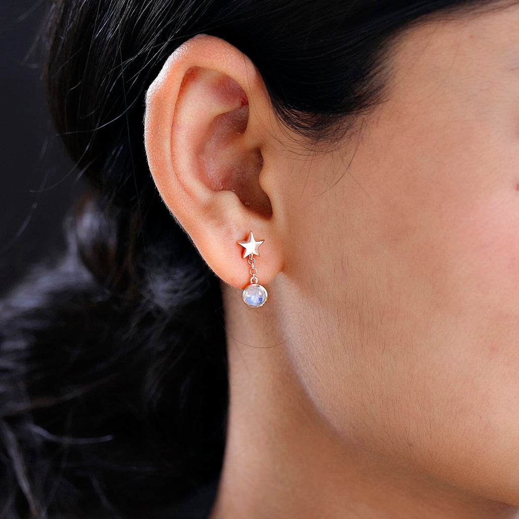 Premium Rainbow Moonstone Dangle Earrings in 18K Rose Gold Vermeil Plated Sterling Silver 1.31 Ct.