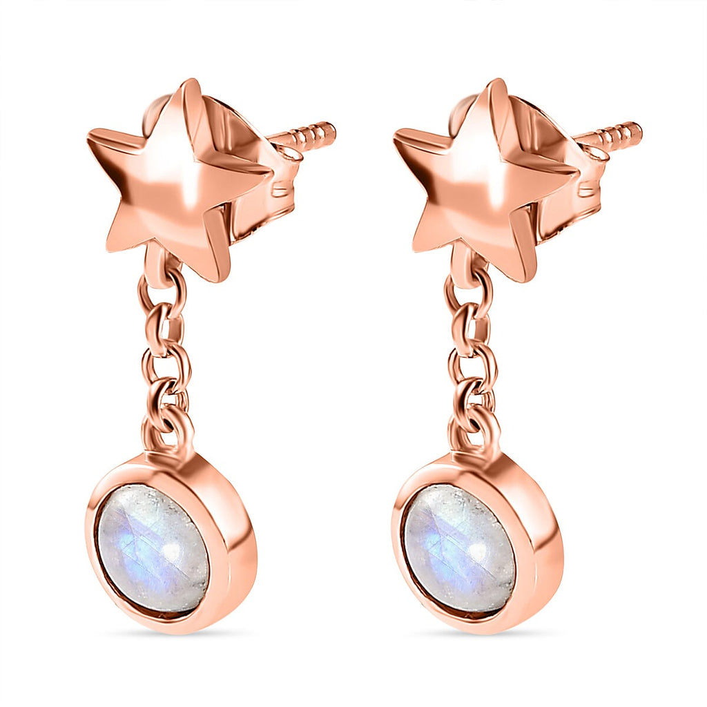 Premium Rainbow Moonstone Dangle Earrings in 18K Rose Gold Vermeil Plated Sterling Silver 1.31 Ct.