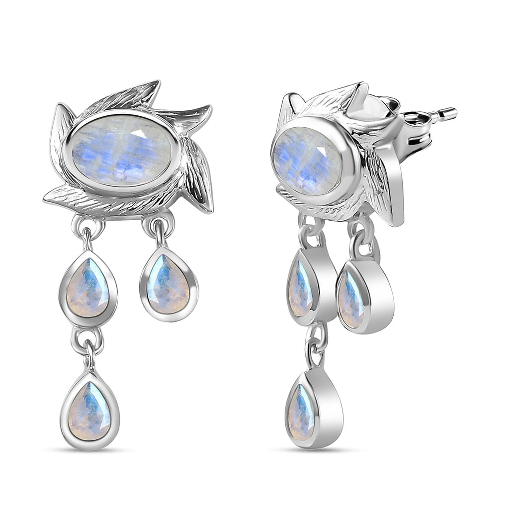 Moon Glow Moonstone Dangle Earrings with Push Back in Rhodium Overlay Sterling Silver 2.40 Ct
