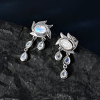 Moon Glow Moonstone Dangle Earrings with Push Back in Rhodium Overlay Sterling Silver 2.40 Ct