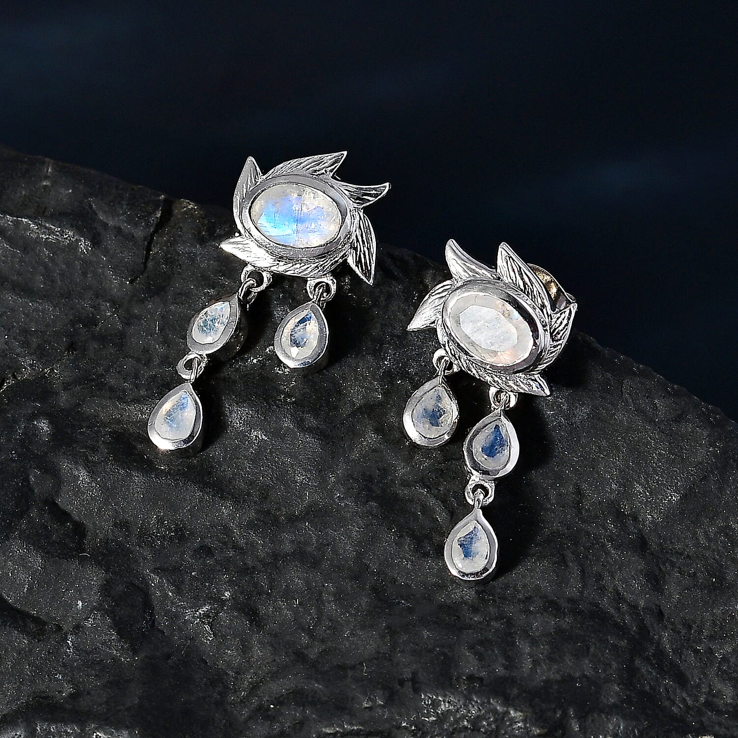 Moon Glow Moonstone Dangle Earrings with Push Back in Rhodium Overlay Sterling Silver 2.40 Ct 7786784 2