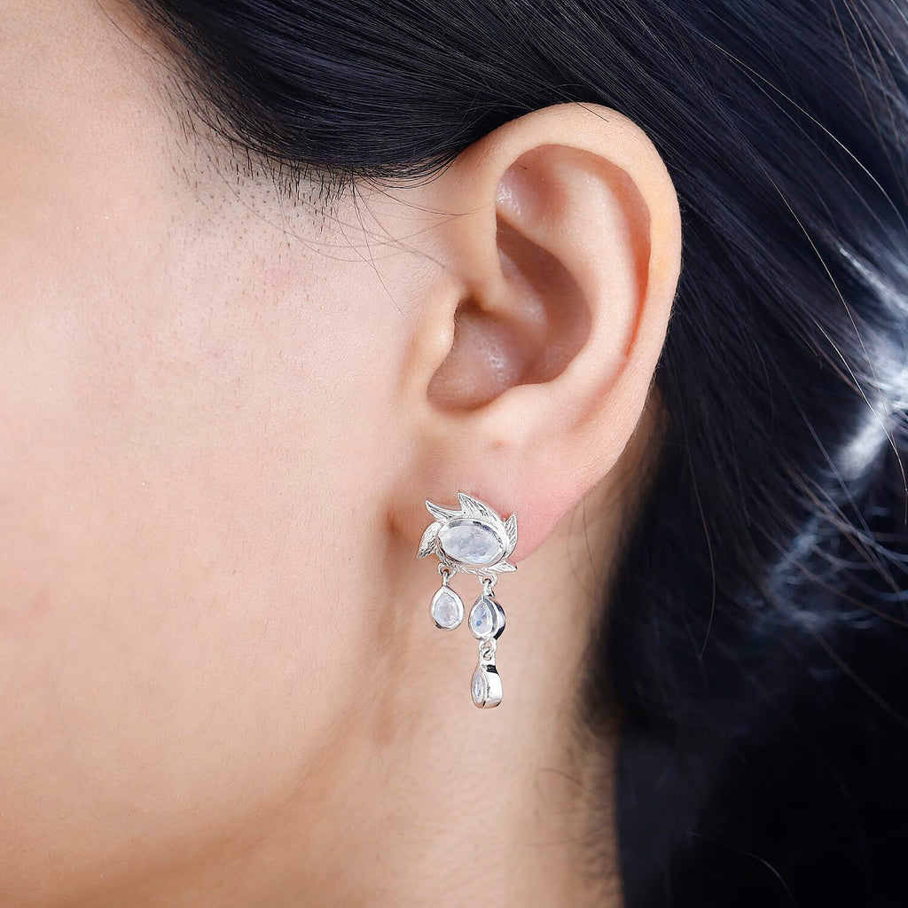 Moon Glow Moonstone Dangle Earrings with Push Back in Rhodium Overlay Sterling Silver 2.40 Ct