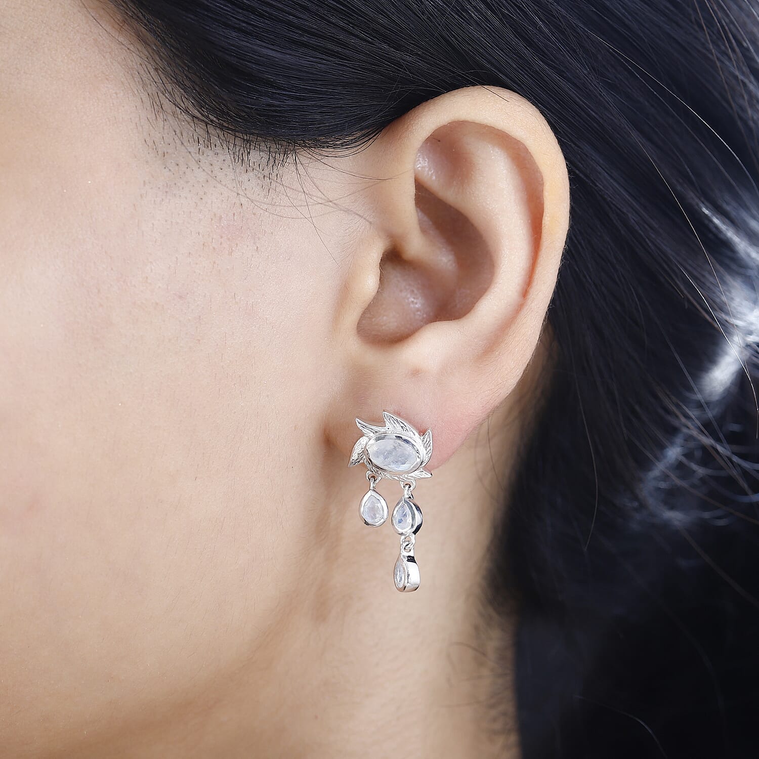 Moon Glow Moonstone Dangle Earrings with Push Back in Rhodium Overlay Sterling Silver 2.40 Ct 7786784 3