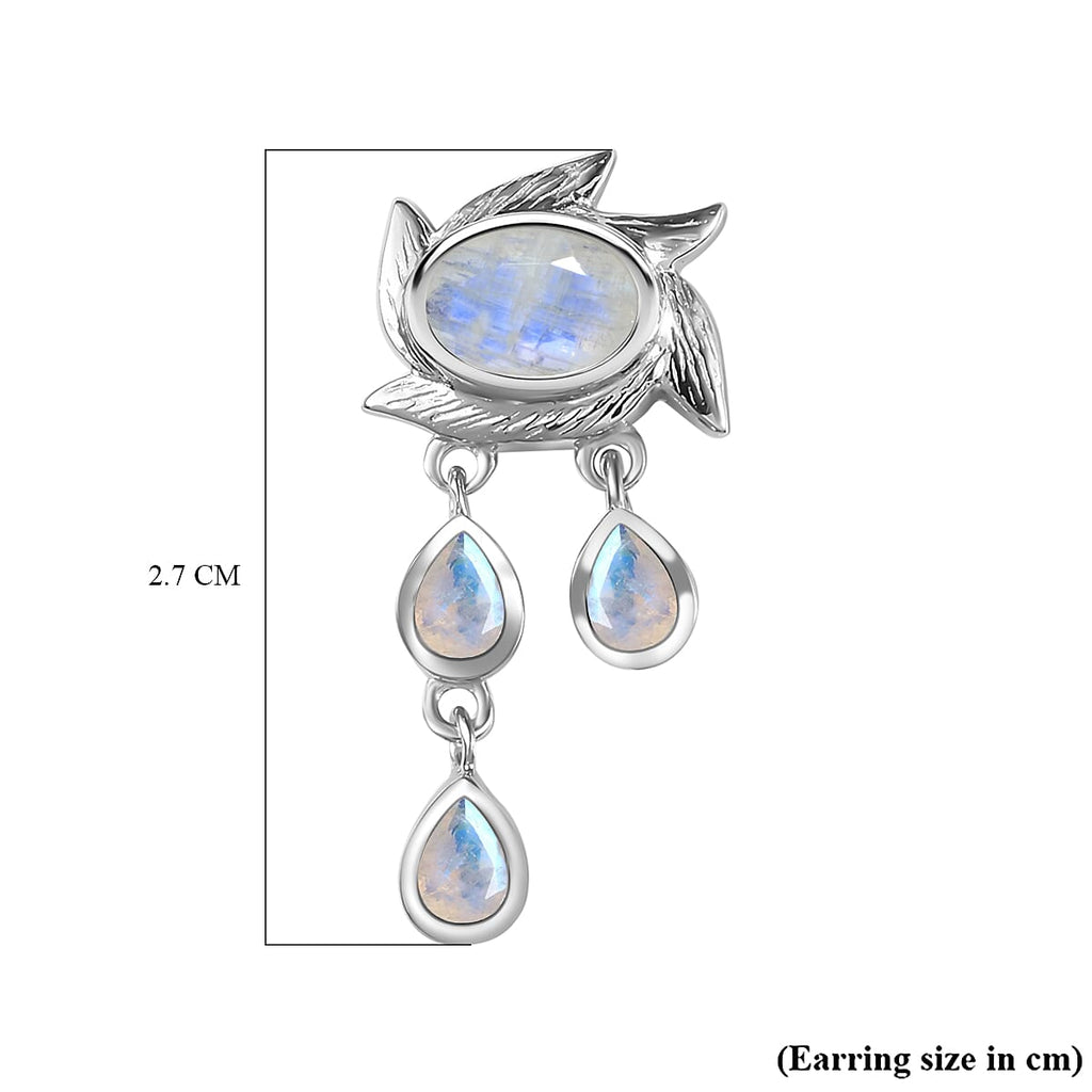 Moon Glow Moonstone Dangle Earrings with Push Back in Rhodium Overlay Sterling Silver 2.40 Ct