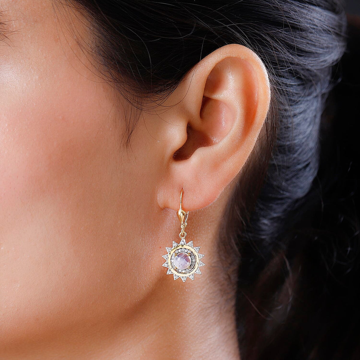 Premium Rainbow Moonstone and Moissanite Earrings in 18K Yellow Gold Vermeil Plated Sterling Silver 2.52 Ct. 7532639 2