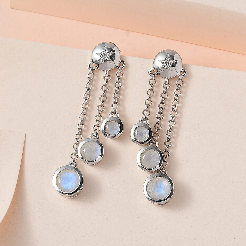 Premium Rainbow Moonstone & Moissanite Earrings in Platinum Overlay Sterling Silver 3.23 Ct.