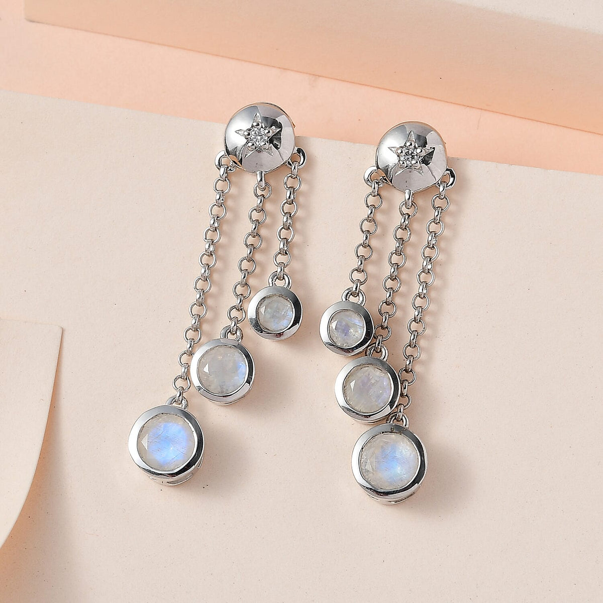 Premium Rainbow Moonstone and Moissanite Earrings in Platinum Overlay Sterling Silver 3.23 Ct. 7533253 2