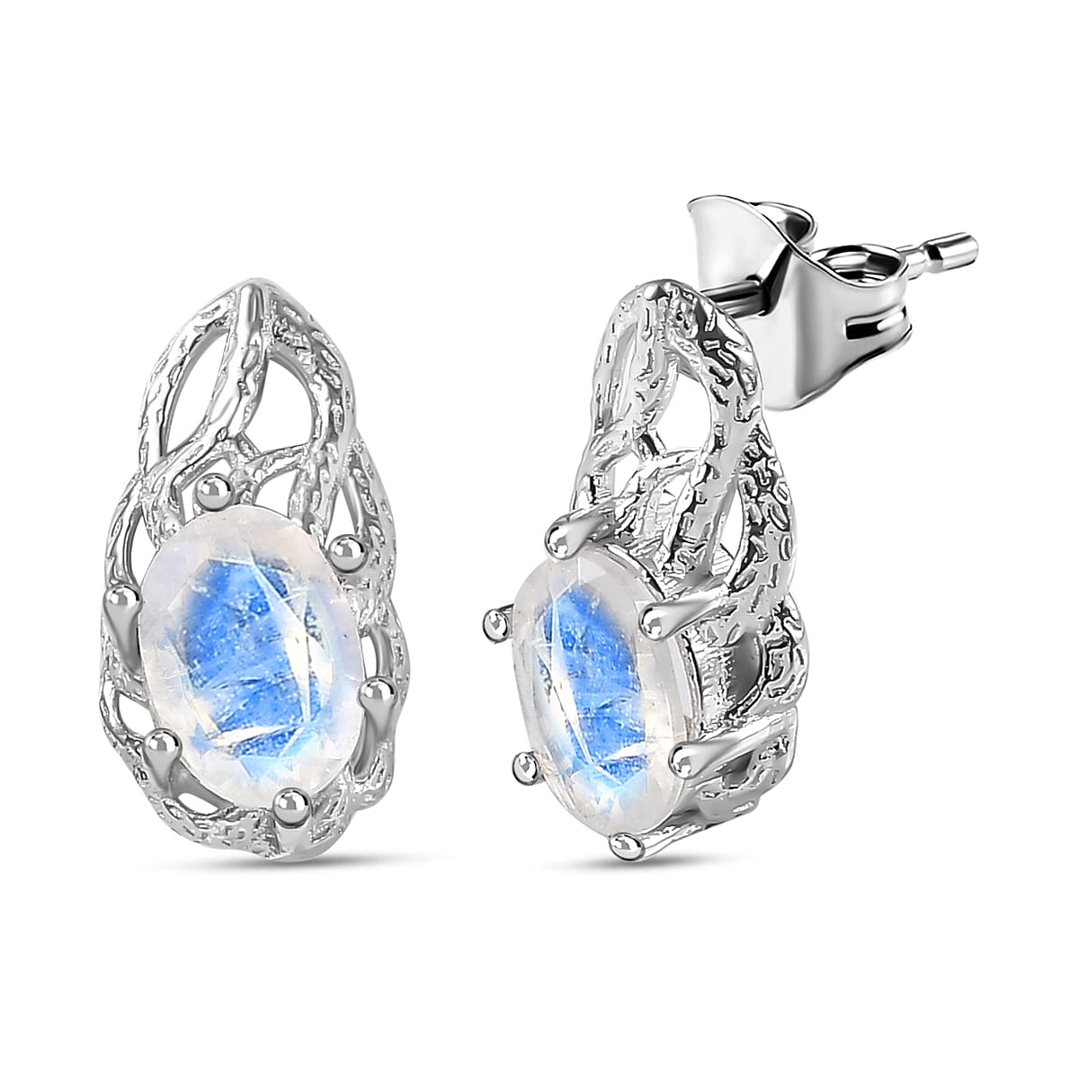 Moon Glow Stone  Solitaire Stud Push Post Earrings in Rhodium Overlay Sterling Silver 1.50 ct  1.460  Ct. 7784940 0