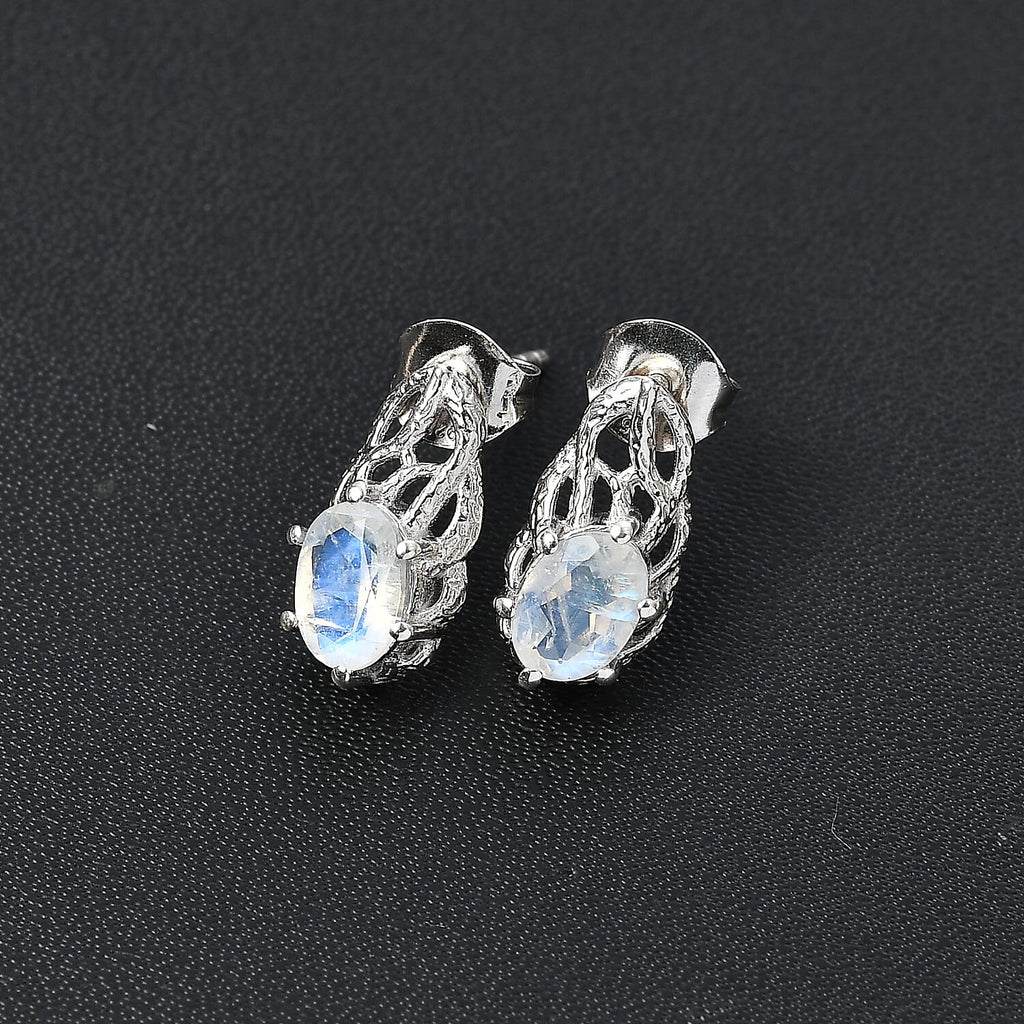 Moon Glow Moonstone Solitaire Earrings in Rhodium Overlay Sterling Silver 1.50 Ct