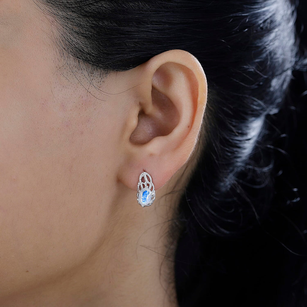 Moon Glow Moonstone Solitaire Earrings in Rhodium Overlay Sterling Silver 1.50 Ct