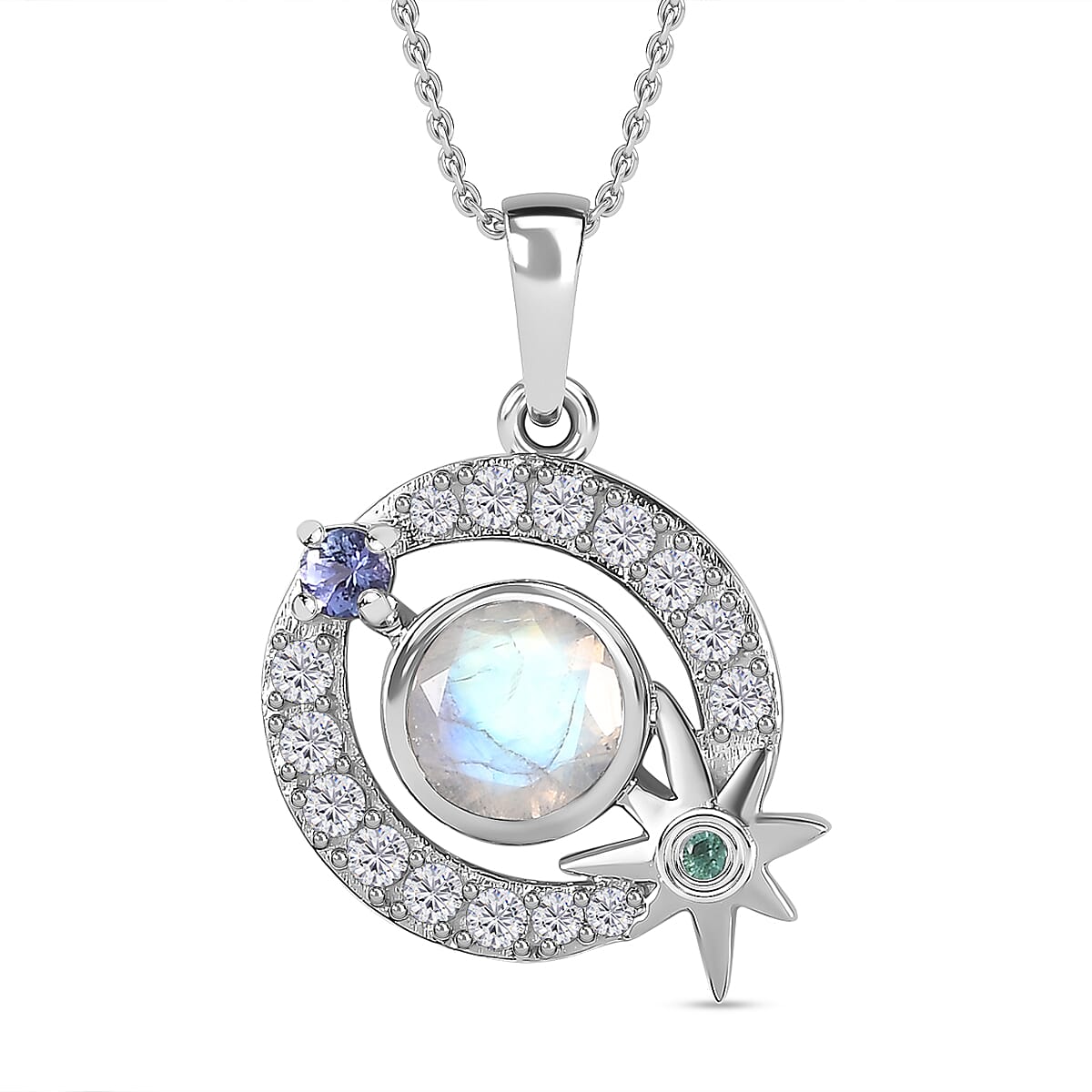 Moon Glow Moonstone &amp; Multi Gemstone Pendant with Chain (Size 20) in Rhodium Overlay Sterling Silver 1.71 Ct, Silver Wt. 5.5 Gms 4274227 0