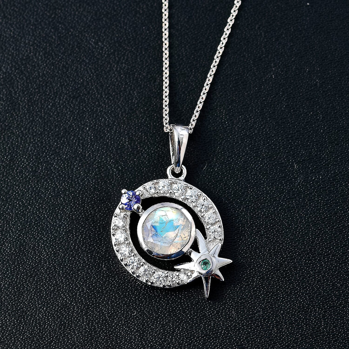 Moon Glow Moonstone &amp; Multi Gemstone Pendant with Chain (Size 20) in Rhodium Overlay Sterling Silver 1.71 Ct, Silver Wt. 5.5 Gms 4274227 2
