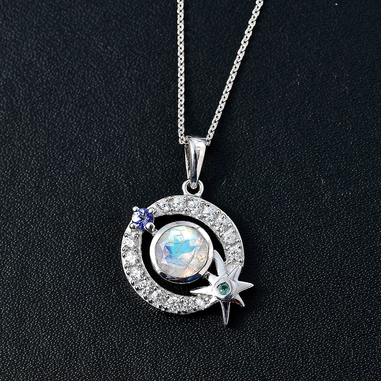 Moon Glow Moonstone &amp; Multi Gemstone Pendant with Chain (Size 20) in Rhodium Overlay Sterling Silver 1.71 Ct, Silver Wt. 5.5 Gms 4274227 2