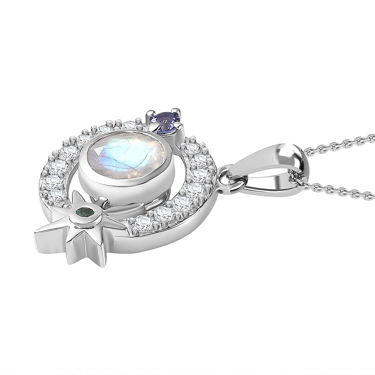 Moon Glow Moonstone &amp; Multi Gemstone Pendant with Chain (Size 20) in Rhodium Overlay Sterling Silver 1.71 Ct, Silver Wt. 5.5 Gms 4274227 4