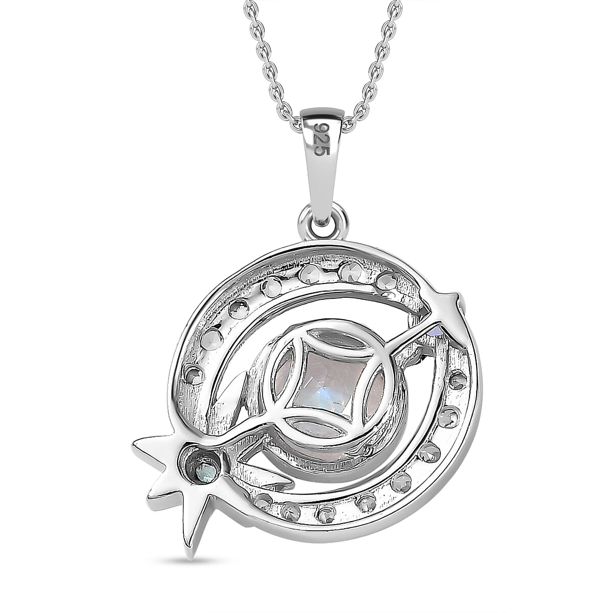Moon Glow Moonstone &amp; Multi Gemstone Pendant with Chain (Size 20) in Rhodium Overlay Sterling Silver 1.71 Ct, Silver Wt. 5.5 Gms 4274227 5