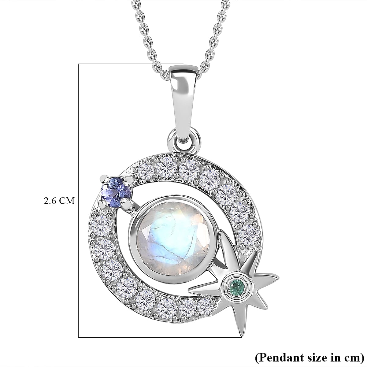Moon Glow Moonstone &amp; Multi Gemstone Pendant with Chain (Size 20) in Rhodium Overlay Sterling Silver 1.71 Ct, Silver Wt. 5.5 Gms 4274227 7