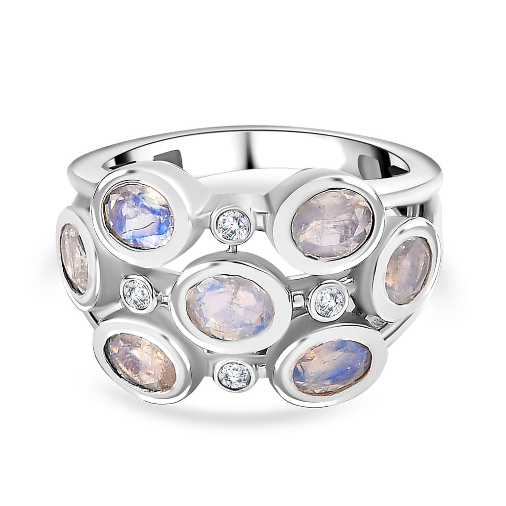 Moon Glow Stone & Natural Zircon Bubble Ring in Rhodium Overlay Sterling Silver 2.40 Ct
