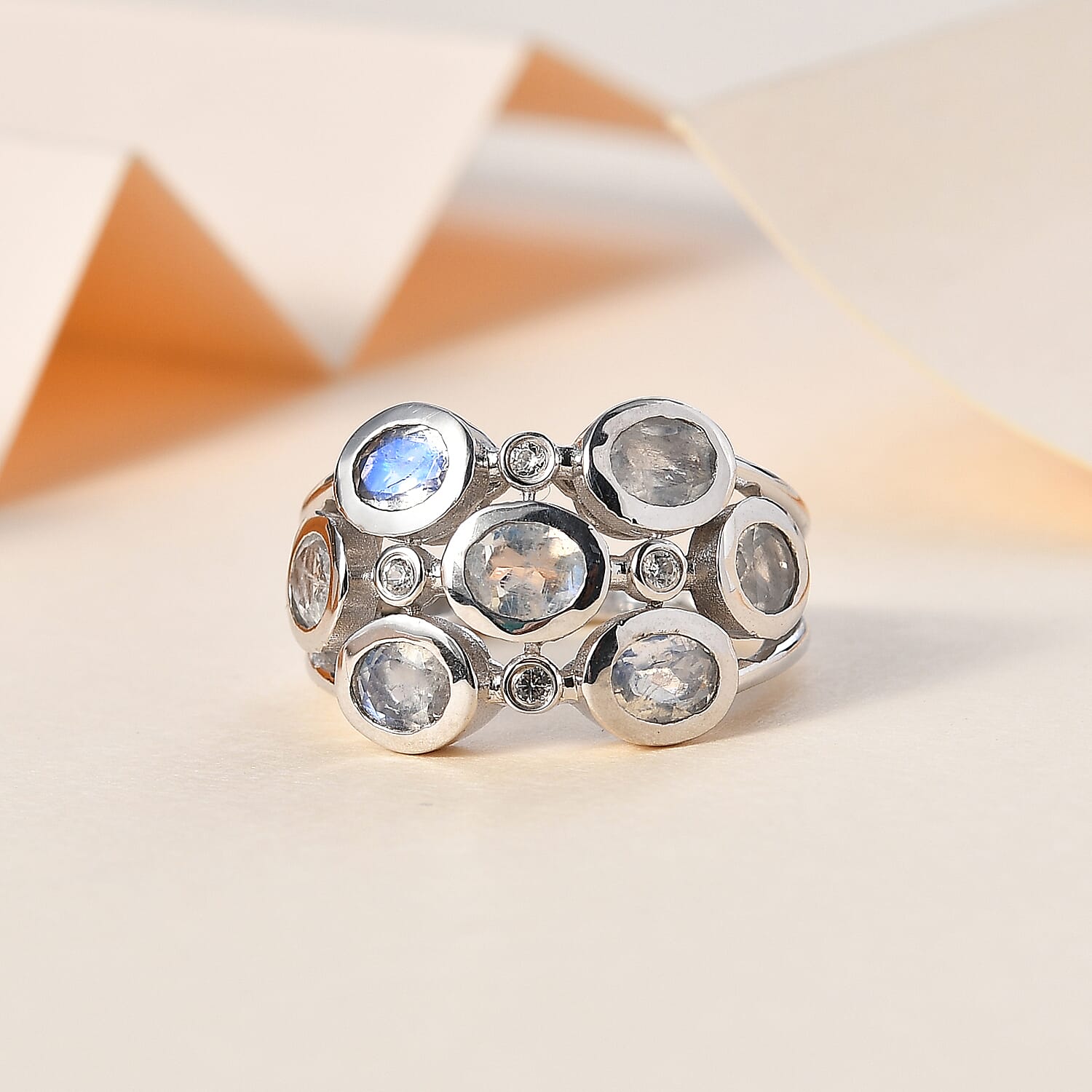 Moon Glow Stone &amp; Natural Zircon Bubble Ring in Rhodium Overlay Sterling Silver 2.40 Ct 7784902 2