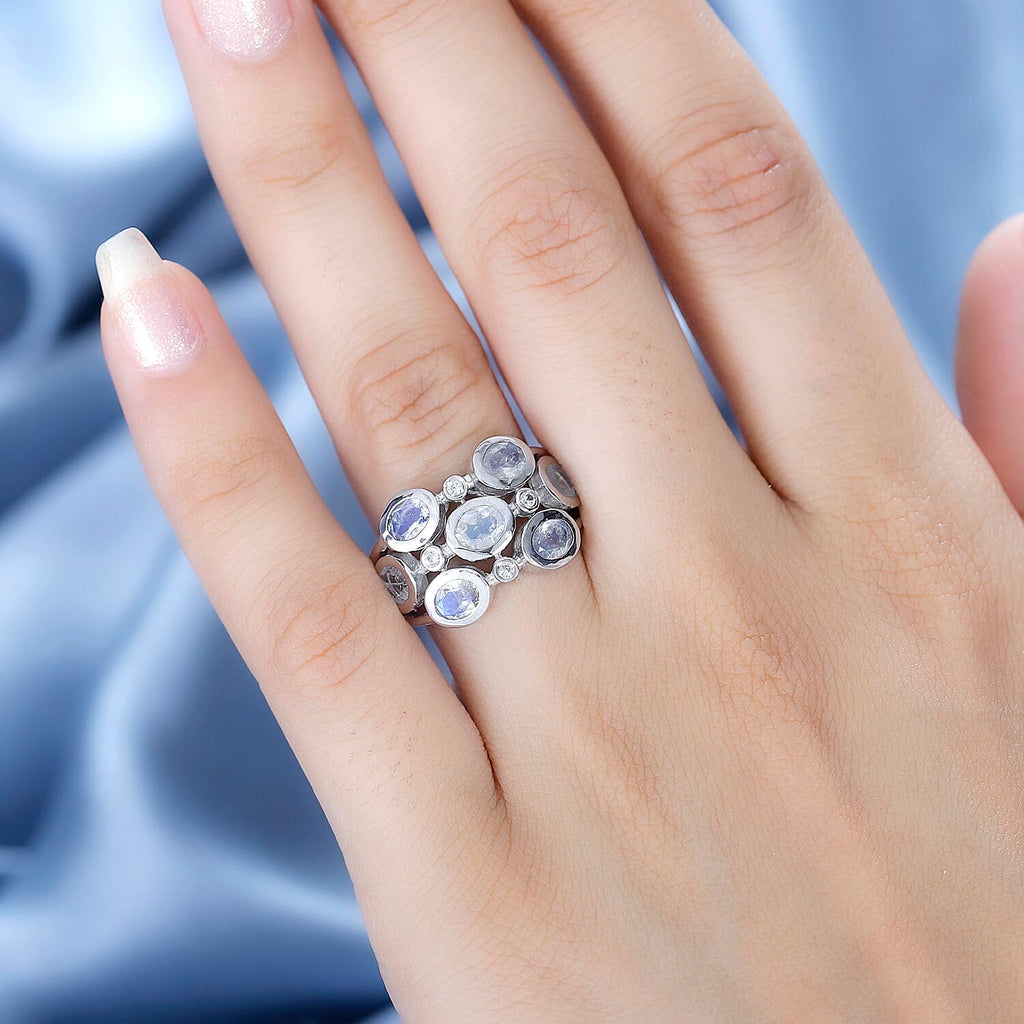 Moon Glow Stone & Natural Zircon Bubble Ring in Rhodium Overlay Sterling Silver 2.40 Ct