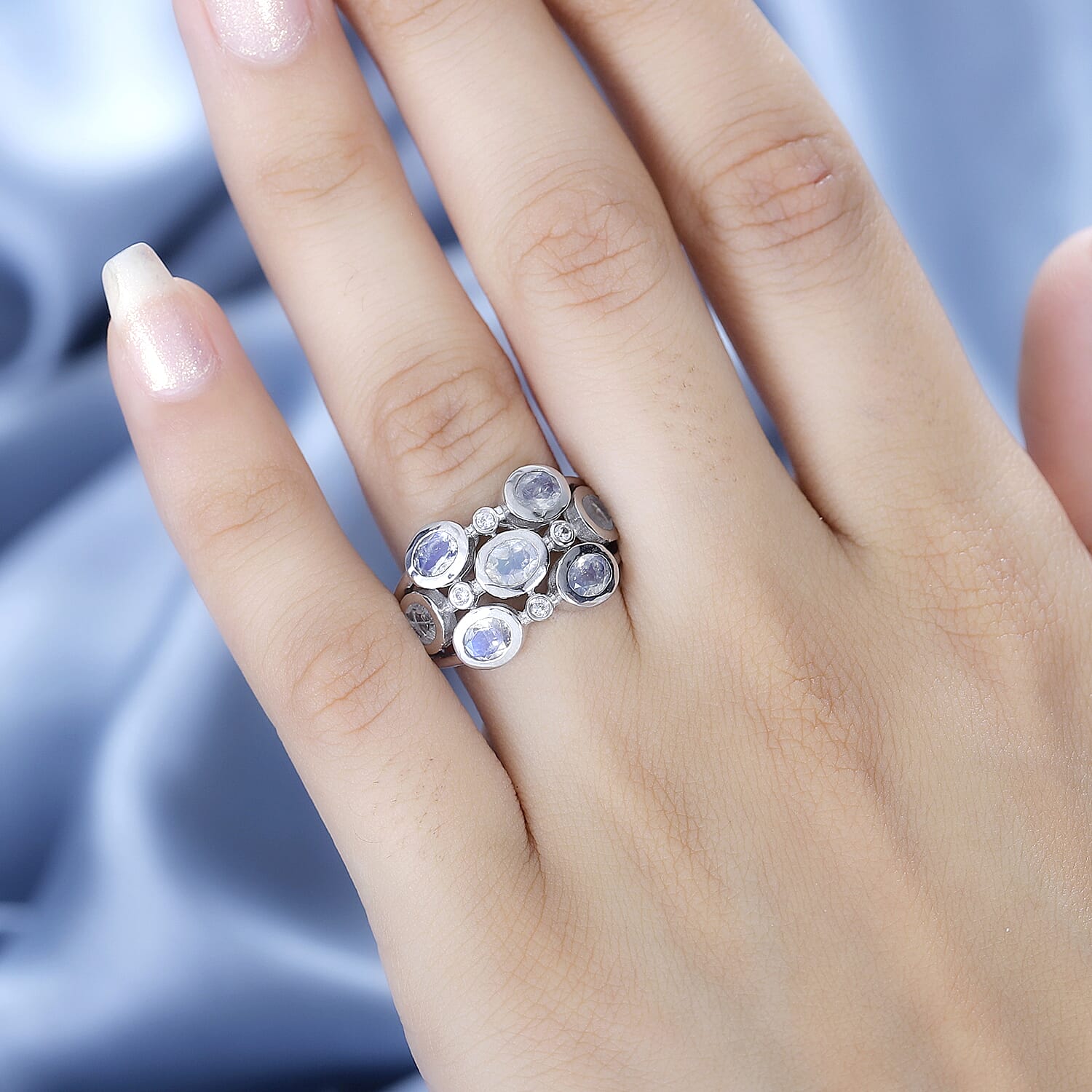 Moon Glow Stone &amp; Natural Zircon Bubble Ring in Rhodium Overlay Sterling Silver 2.40 Ct 7784902 3