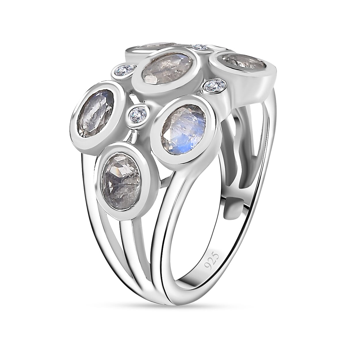 Moon Glow Stone &amp; Natural Zircon Bubble Ring in Rhodium Overlay Sterling Silver 2.40 Ct 7784902 4