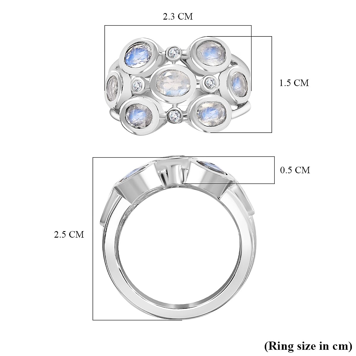 Moon Glow Stone &amp; Natural Zircon Bubble Ring in Rhodium Overlay Sterling Silver 2.40 Ct 7784902 6