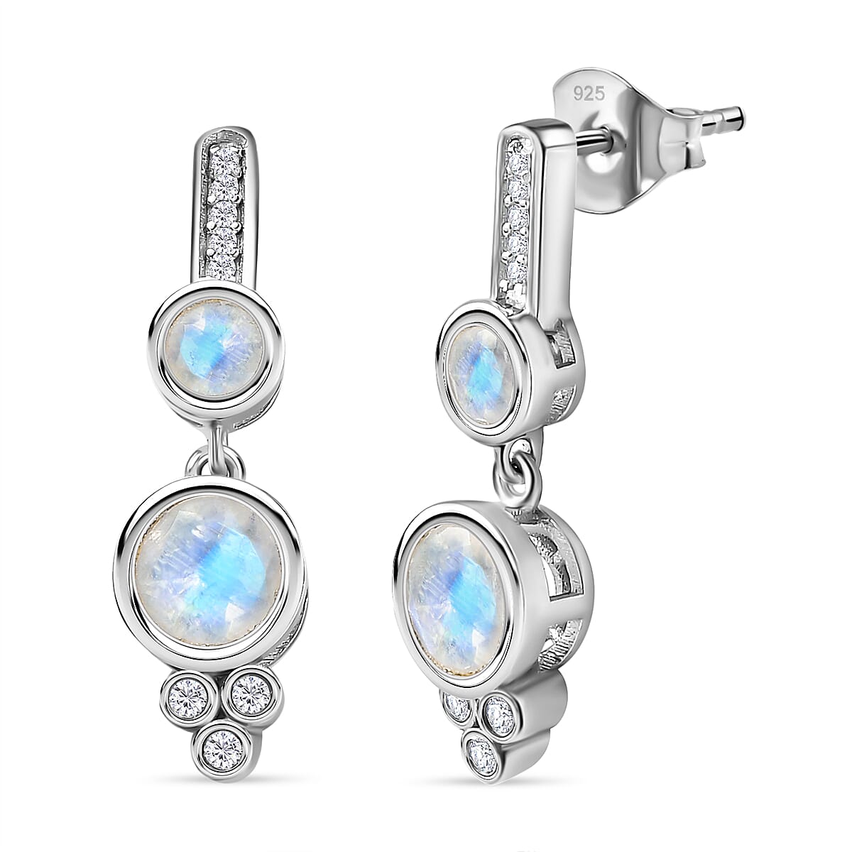 Moon Glow Stone, White Zircon  Dangling Earring in Rhodium Overlay Sterling Silver,  2.296  Ct. 7784462 0