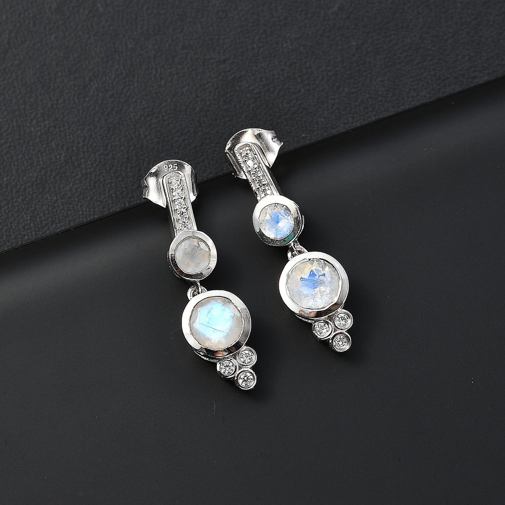Moon Glow Moonstone & Natural Zircon Dangle Earrings in Rhodium Overlay Sterling Silver 2.30 Ct