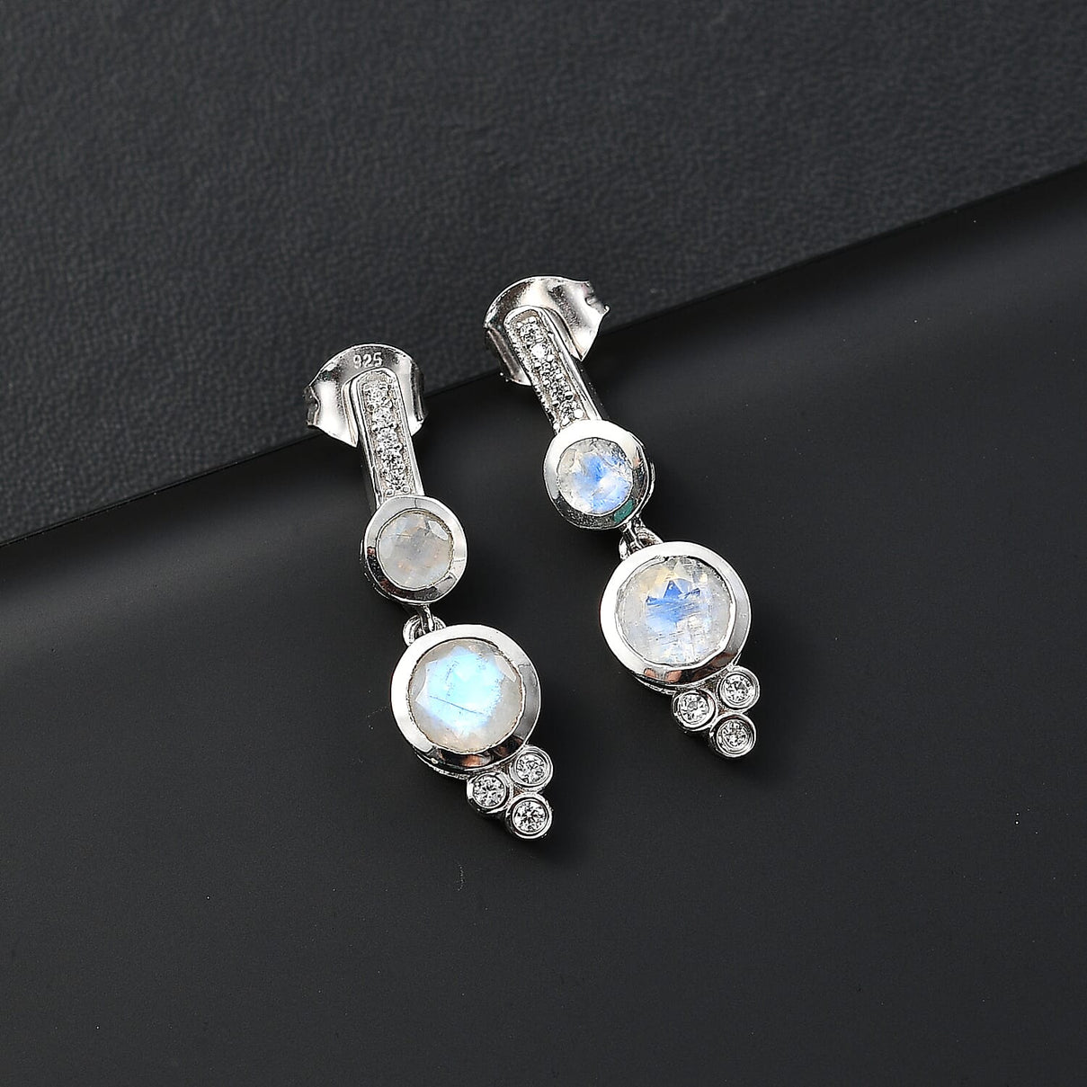 Moon Glow Stone, White Zircon  Dangling Earring in Rhodium Overlay Sterling Silver,  2.296  Ct. 7784462 2