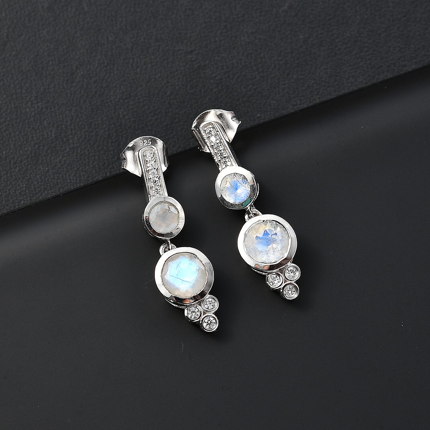 Moon Glow Stone, White Zircon  Dangling Earring in Rhodium Overlay Sterling Silver,  2.296  Ct. 7784462 2