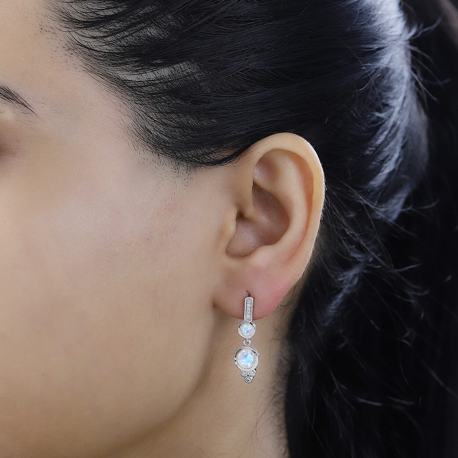 Moon Glow Stone, White Zircon  Dangling Earring in Rhodium Overlay Sterling Silver,  2.296  Ct. 7784462 3
