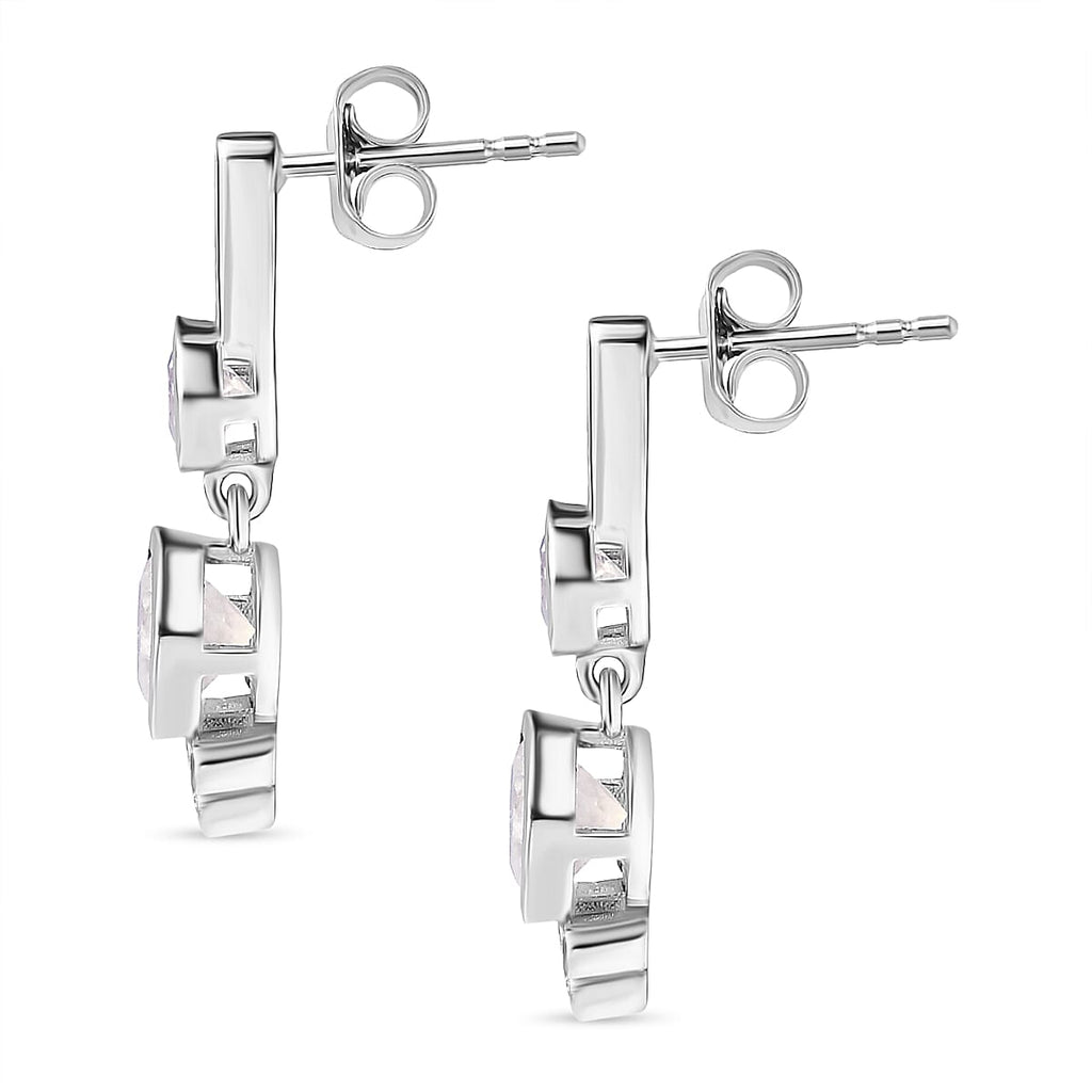 Moon Glow Moonstone & Natural Zircon Dangle Earrings in Rhodium Overlay Sterling Silver 2.30 Ct