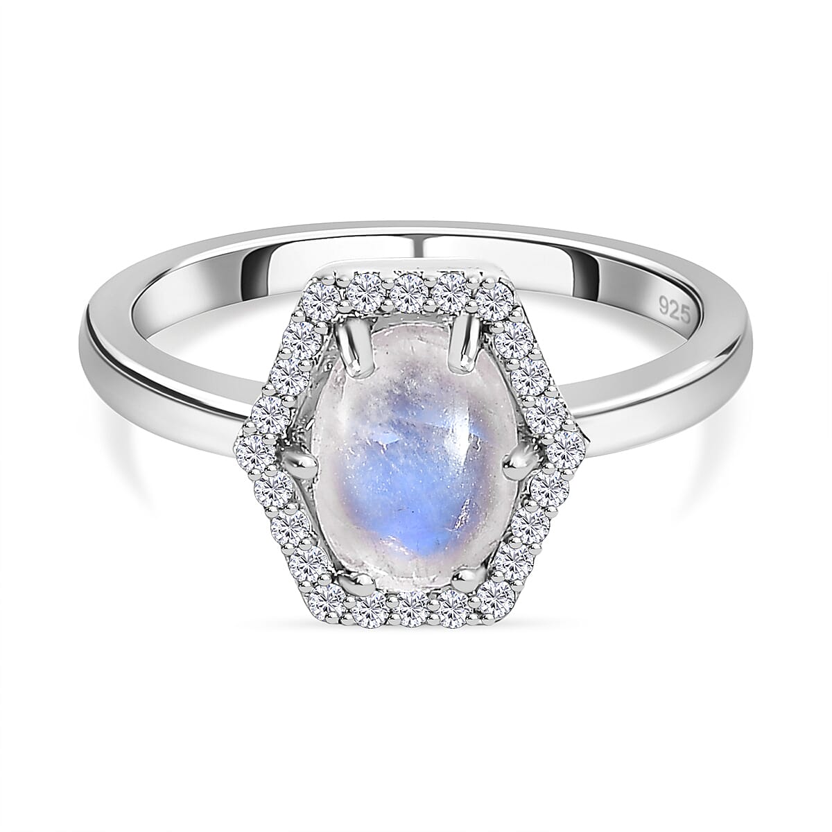 Premium Rainbow Moonstone and Natural Zircon Ring in Platinum Overlay Sterling Silver 1.63 Ct. 7510939 0