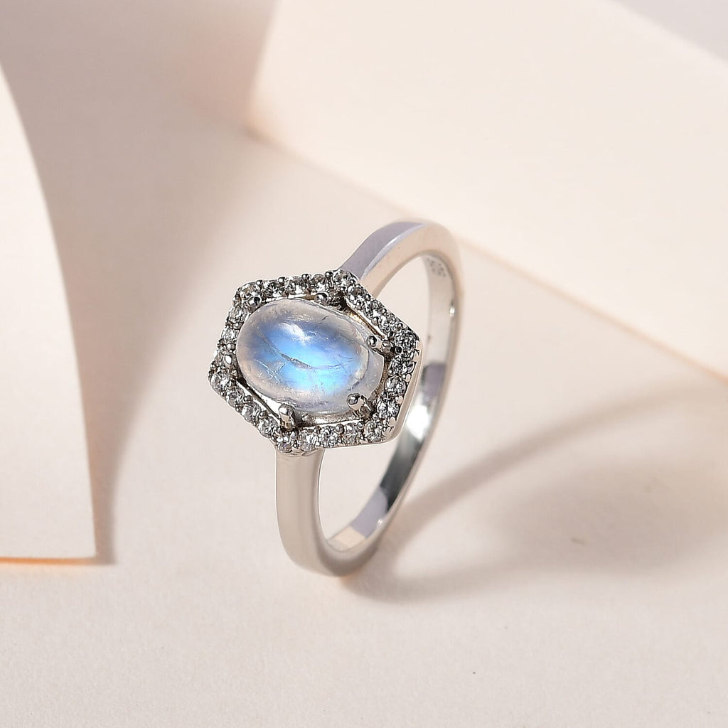 Moon Glow Stone & Natural Zircon Ring in Platinum Overlay Sterling Silver 1.63 Ct.