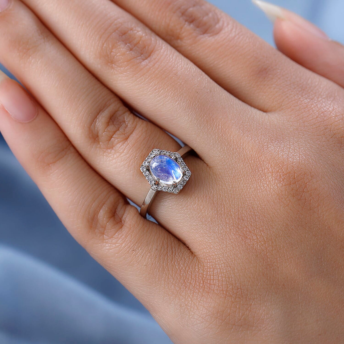 Premium Rainbow Moonstone and Natural Zircon Ring in Platinum Overlay Sterling Silver 1.63 Ct. 7510939 2