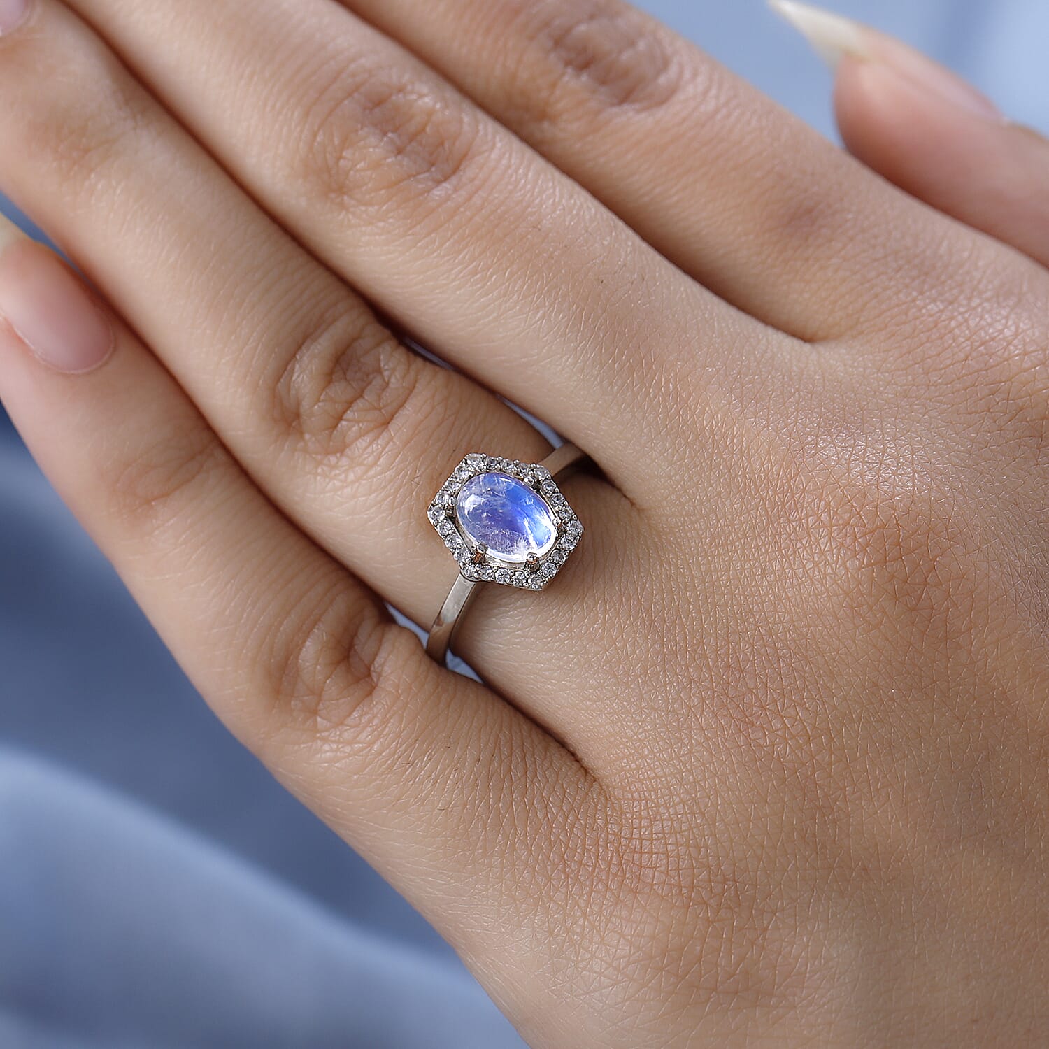 Premium Rainbow Moonstone and Natural Zircon Ring in Platinum Overlay Sterling Silver 1.63 Ct. 7510939 2