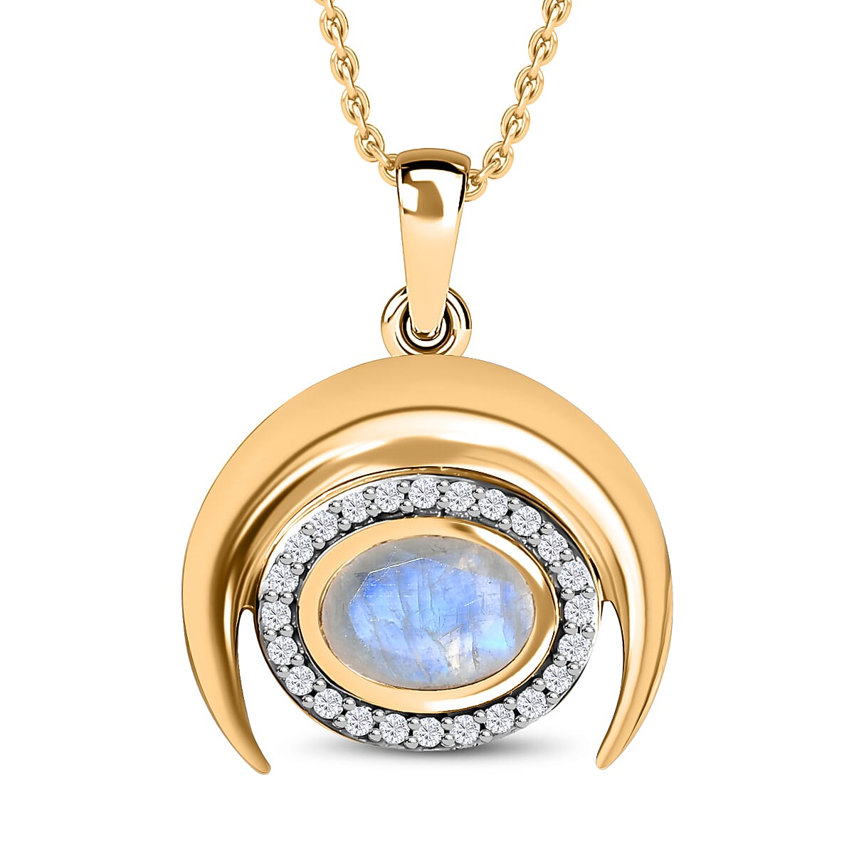 Moon Glow Moonstone &amp; Natural Zircon Pendant with Chain (Size 20) in 18K YG Vermeil Sterling Silver 1.04 Ct, Silver Wt. 5.33 Gms 4274208 0