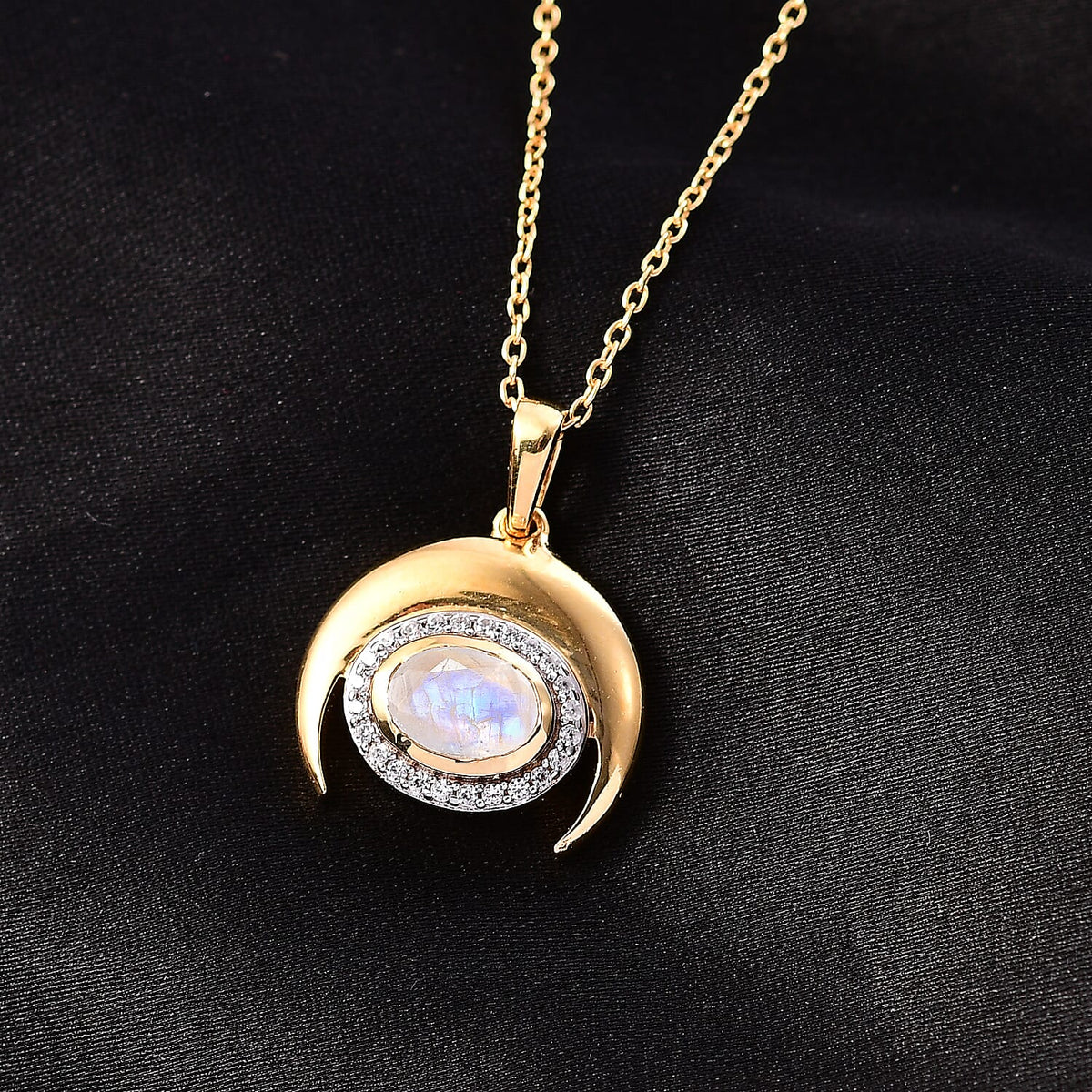 Moon Glow Moonstone &amp; Natural Zircon Pendant with Chain (Size 20) in 18K YG Vermeil Sterling Silver 1.04 Ct, Silver Wt. 5.33 Gms 4274208 2
