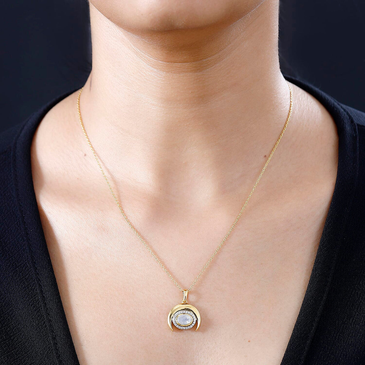 Moon Glow Moonstone &amp; Natural Zircon Pendant with Chain (Size 20) in 18K YG Vermeil Sterling Silver 1.04 Ct, Silver Wt. 5.33 Gms 4274208 3