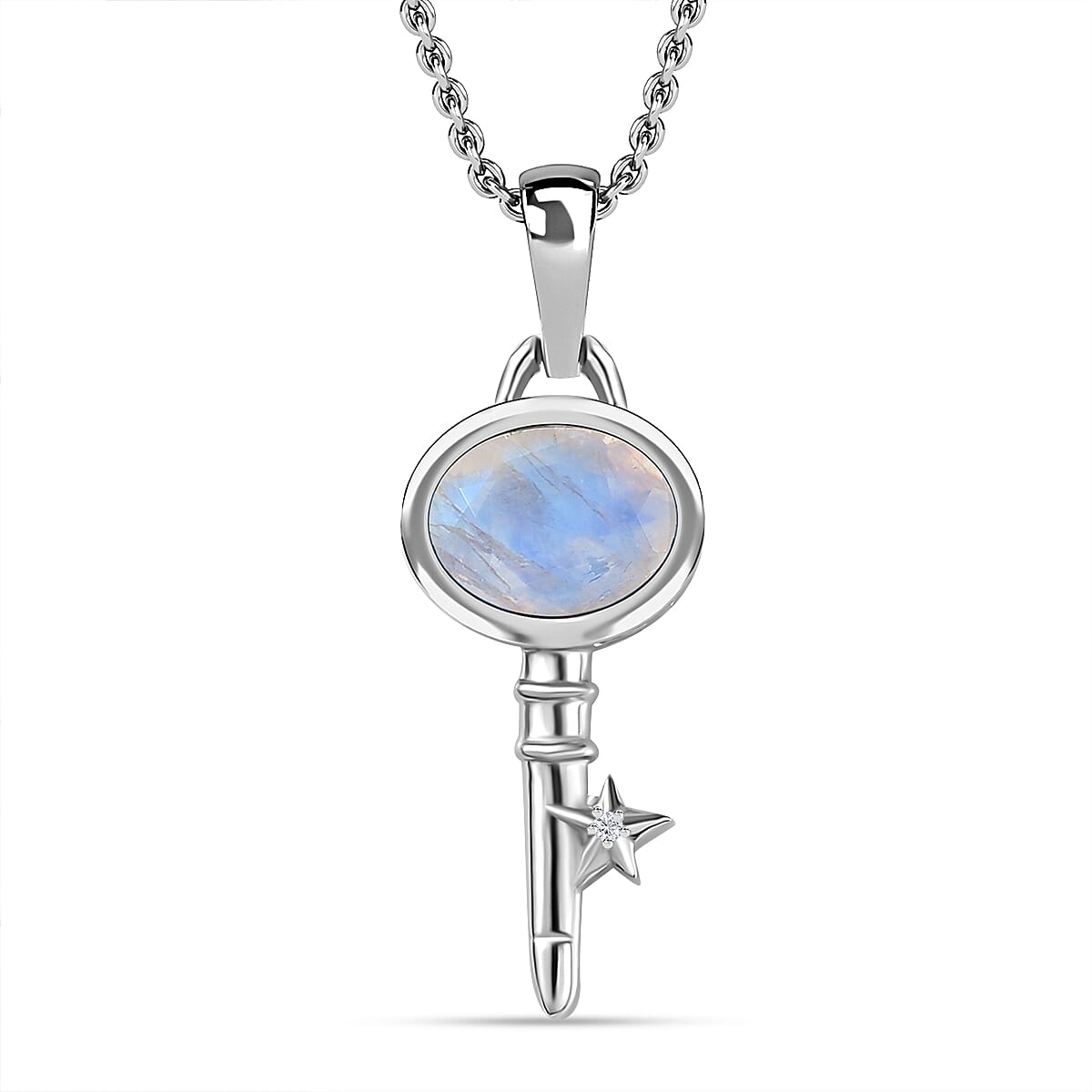 Moon Glow Moonstone and Natural Zircon Key Pendant with Chain (Size 20) in Rhodium Overlay Sterling Silver 1.92 Ct 4279789 0