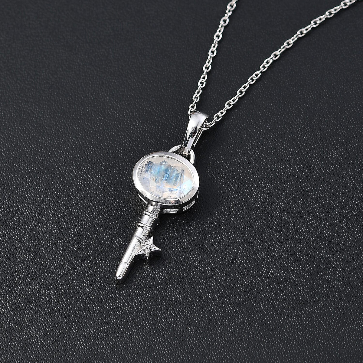 Moon Glow Moonstone and Natural Zircon Key Pendant with Chain (Size 20) in Rhodium Overlay Sterling Silver 1.92 Ct 4279789 2