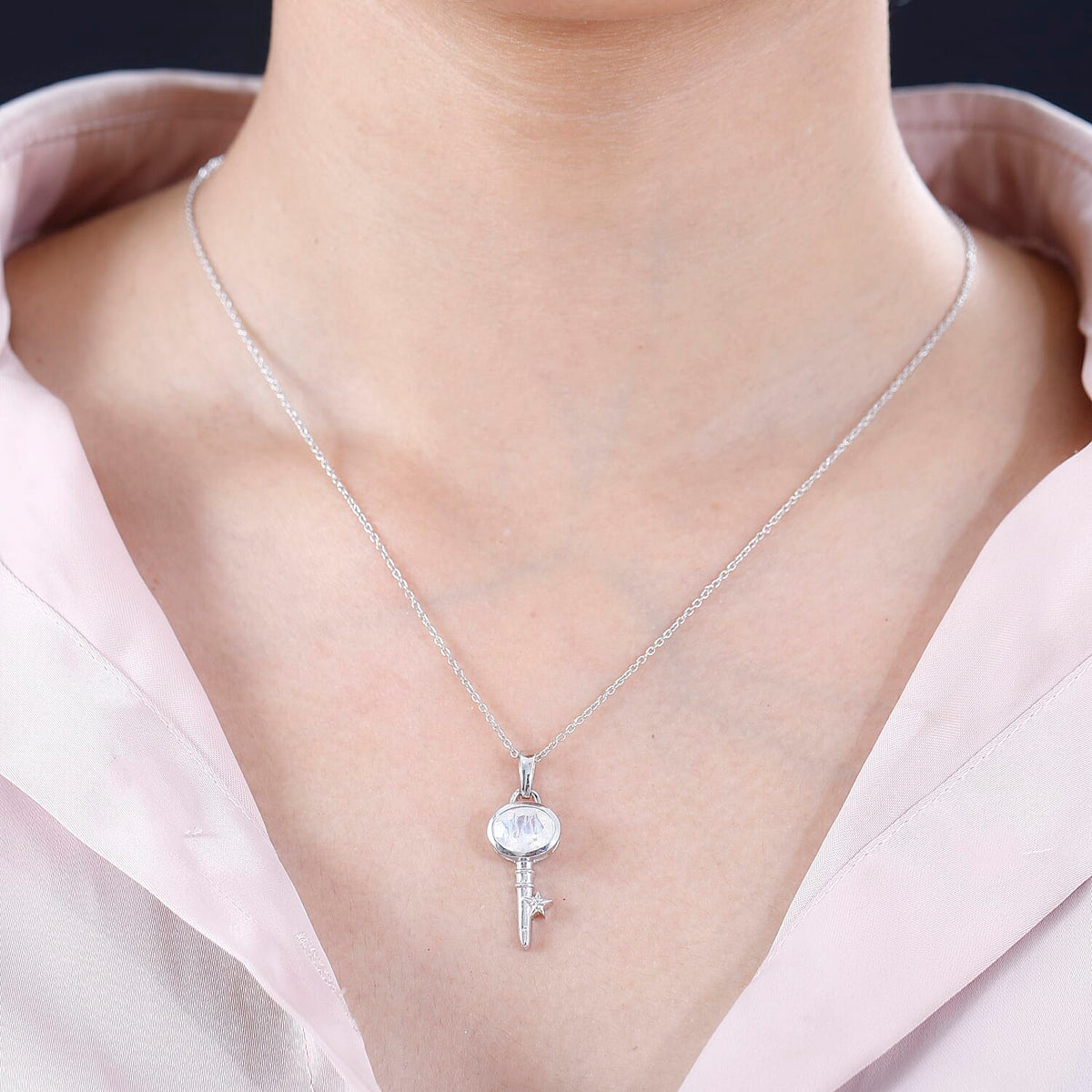 Moon Glow Moonstone and Natural Zircon Key Pendant with Chain (Size 20) in Rhodium Overlay Sterling Silver 1.92 Ct 4279789 3