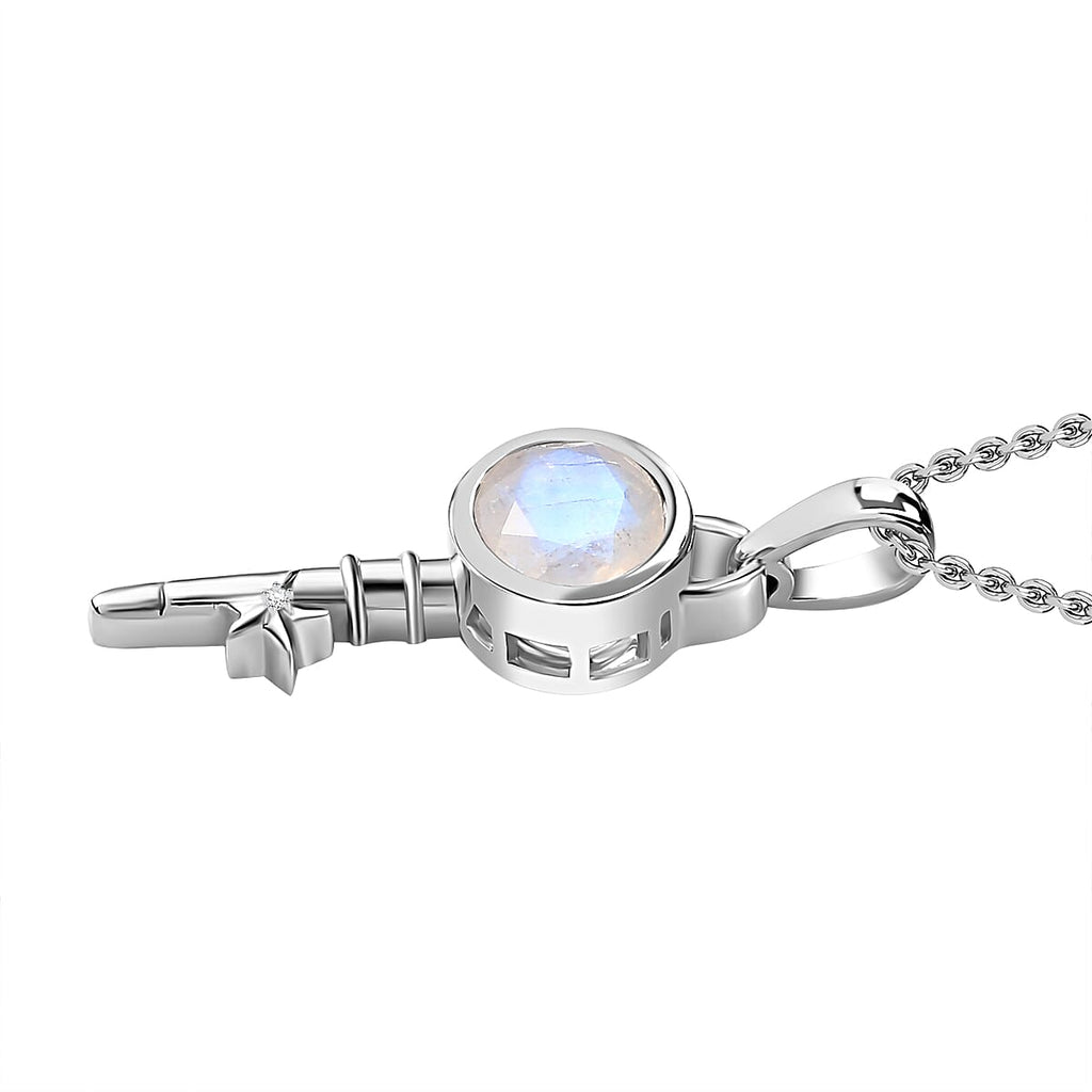 Moon Glow Moonstone & Natural Zircon Pendant with Chain (Size 20) in Rhodium Overlay Sterling Silver 1.92 Ct