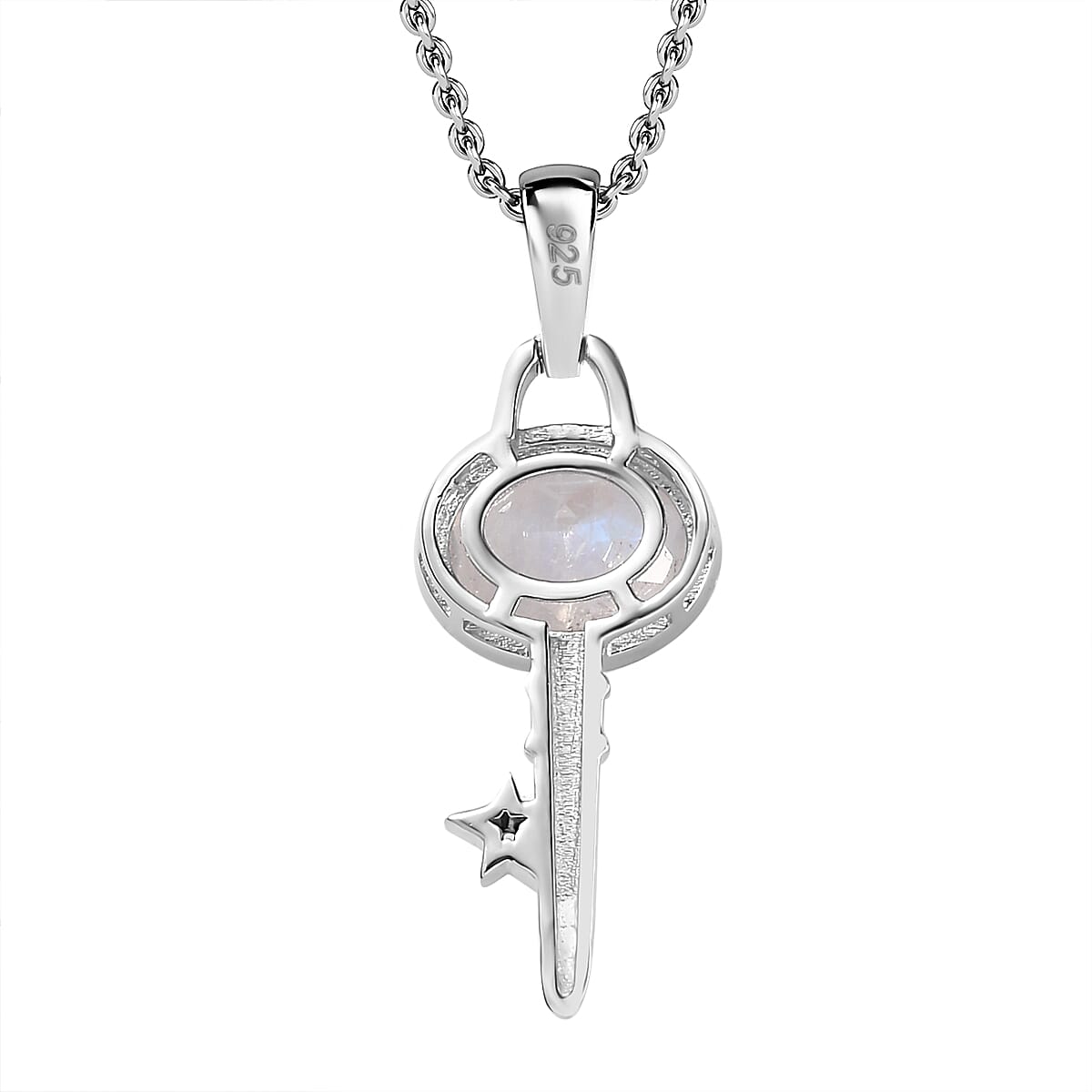 Moon Glow Moonstone and Natural Zircon Key Pendant with Chain (Size 20) in Rhodium Overlay Sterling Silver 1.92 Ct 4279789 5